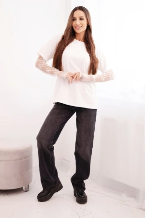 Bluzka damska bawełniana z koronkowymi rękawami biała