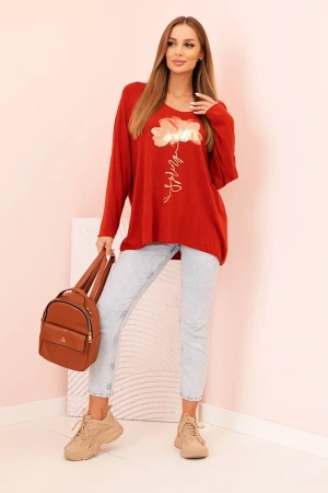 Bluzka damska z wiskozy z długim rękawem i złotym kwiatowym nadrukiem ruda