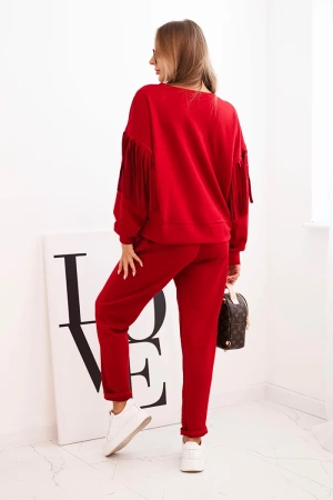 Komplet damski masełkowy z frędzlami na rękawach bordowy