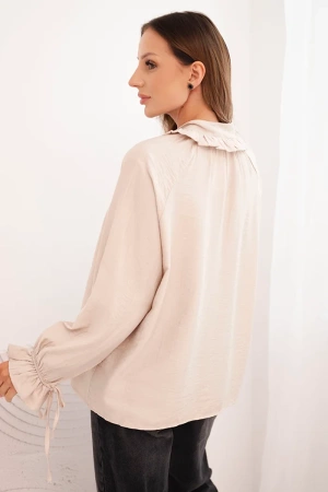 Bluzka damska z wiskozy z dekoltem V i wiązaniem przy rękawach beżowa