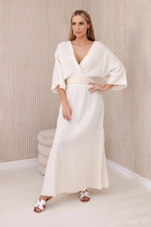 Sukienka muślinowa z haftem w talii jasno beżowa