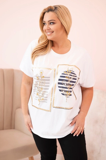 Bluzka damska bawełniana Plus Size z dżetami biały + granatowy