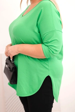 Bluzka damska bawełniana Plus Size z dekoltem V i podwijanym rękawem jasno zielona