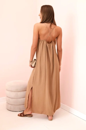 Sukienka długa na ramiączka jasno camelowa