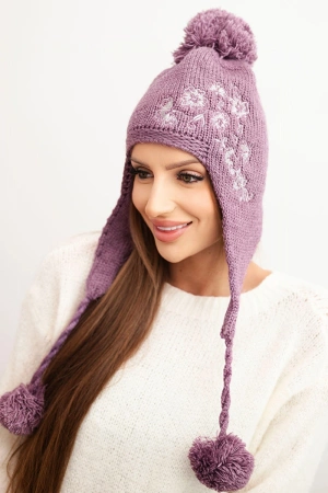Czapka damska zimowa uszatka z pomponami K431 śliwkowa