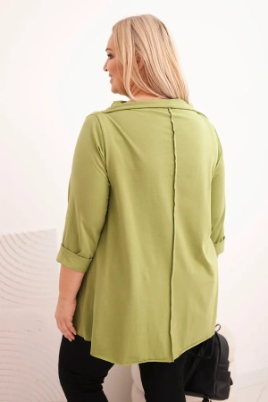 Bluzka damska bawełniana Plus Size asymetryczna z podwijanym rękawem oliwkowa