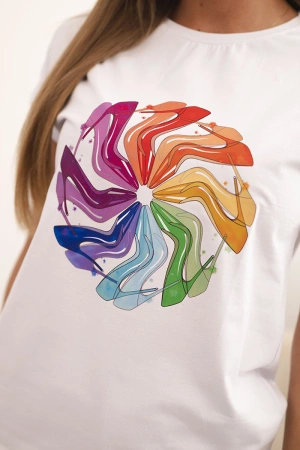 Bluzka damska bawełniana z krótkim rękawem i kolorowym nadrukiem biała