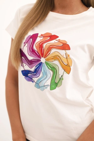 Bluzka damska bawełniana z krótkim rękawem i kolorowym nadrukiem ecru