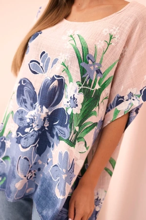 Bluzka damska bawełniana z kwiatowym nadrukiem i krótkim rękawem pudrowy róż