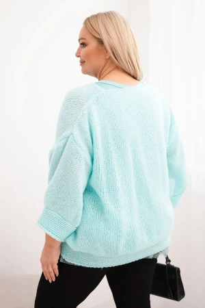 Komplet damski sweter z dekoltem V i bluzka wiskozowa z koronkowym dołem miętowy