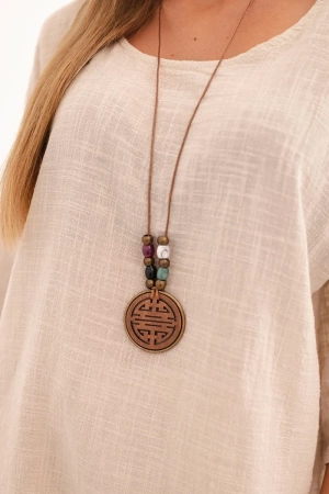 Komplet damski z wiskozy bluzka z naszyjnikiem oraz spodnie beżowy