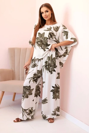 Oversizowy komplet damski z wiskozy z kwiatowym wzorem khaki