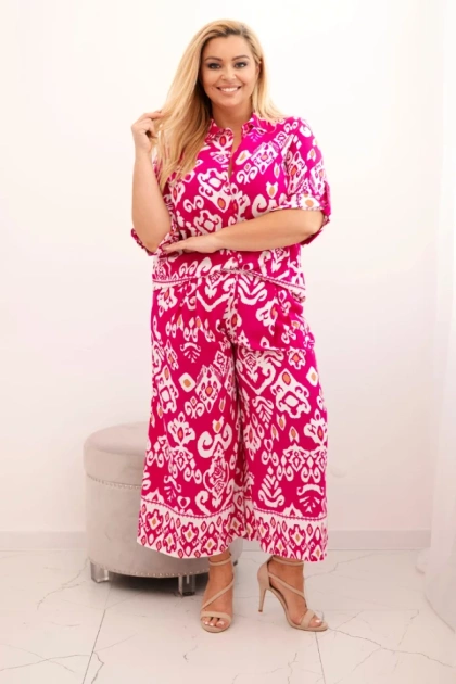 Komplet damski Plus Size wiskozowy z geometrycznym nadrukiem fuksja