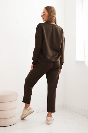 Komplet damski z wiskozy z ozdobnym motywem i spodniami brązowy