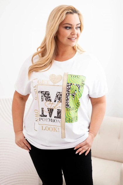 Bluzka damska bawełniana Plus Size z nadrukiem i cekinami biały + zielony