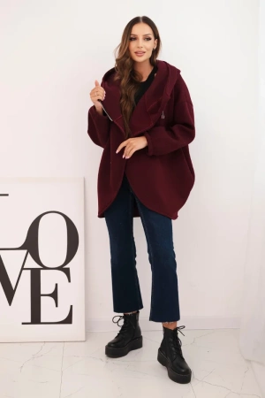 Bluza damska ocieplana z kapturem i asymetrycznym zamkiem bordowa
