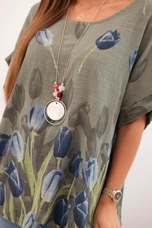 Koszula damska bawełniana z kwiatowym wzorem khaki