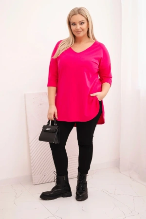 Bluzka damska bawełniana Plus Size z dekoltem V i podwijanym rękawem fuksja