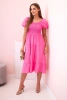 Sukienka damska wiskozowa z bufiastym rękawem i marszczoną górą różowa