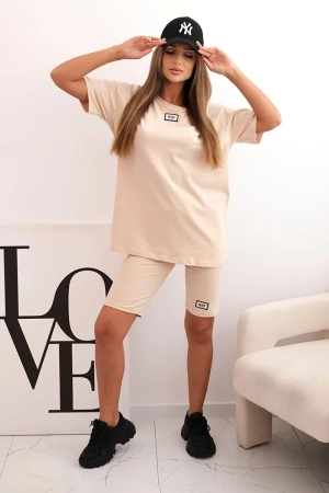 Komplet damski bawełniany z krótkim rękawem i szortami beżowy
