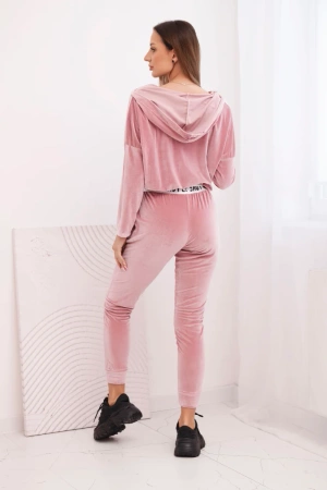 Komplet welurowy z kapturem pudrowy róż