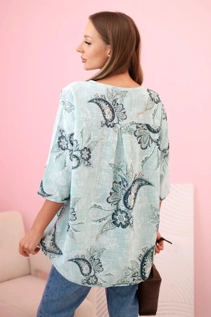 Bluzka damska bawełniana z podwijanym rękawem i wzorem paisley miętowa