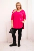 Bluzka damska bawełniana Plus Size z dekoltem V i podwijanym rękawem fuksja