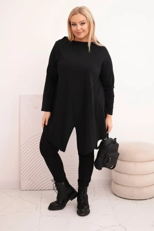 Bluzka damska bawełniana Plus Size asymetryczna z podwijanym rękawem czarna
