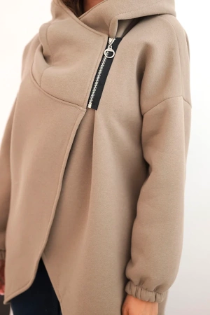 Bluza damska ocieplana z kapturem i asymetrycznym zamkiem fango
