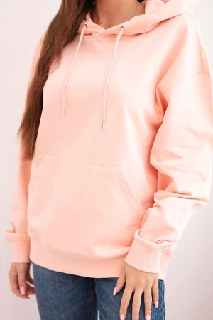 Bluza damska pętelkowa bawełniana z kapturem i kieszenią kangurką łososiowa