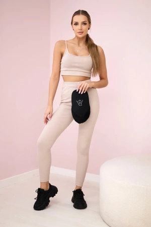 Komplet z bluzką top prążkowany beżowy