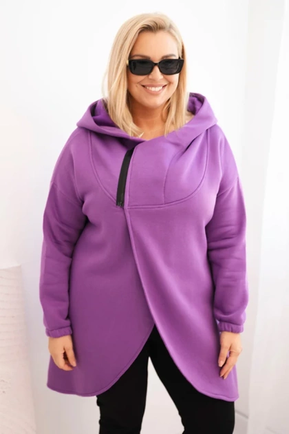 Bluza damska Plus Size ocieplana z kapturem i asymetrycznym zamkiem ciemno fioletowa
