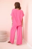 Komplet damski z wiskozy z ozdobnym kwiatem i szerokimi spodniami różowy