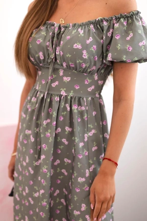 Sukienka damska maxi w kwiaty z bufkami khaki