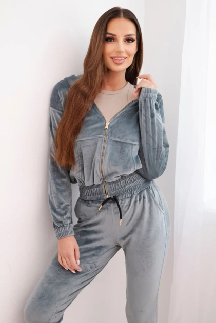 Komplet damski welurowy z bluzą na zamek i spodniami ze ściągaczem szary