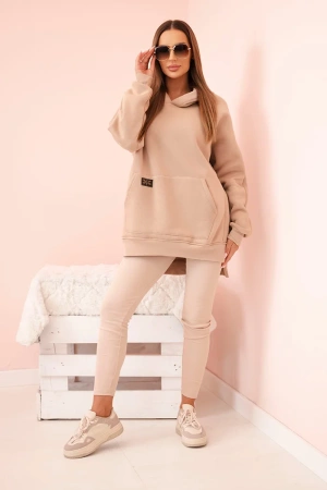 Komplet damski bawełniany bluza z kapturem i legginsy z wysokim stanem beżowy
