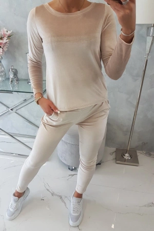 Komplet welurowy z marszczeniem z tyłu beżowy