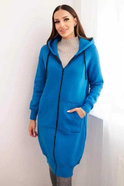 Bluza ocieplana długa z kapturem chabrowa