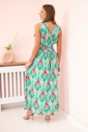 Sukienka damska bawełniana z marszczeniem w talii i wiązaniem na ramionach zielona