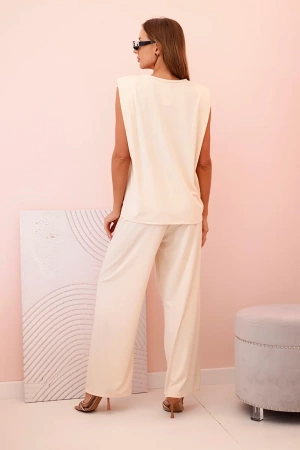 Komplet damski z wiskozy bez rękawów i prostymi spodniami jasny beżowy