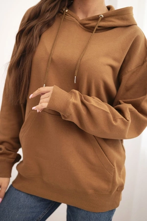 Bluza damska pętelkowa bawełniana z kapturem i kieszenią kangurką camelowa