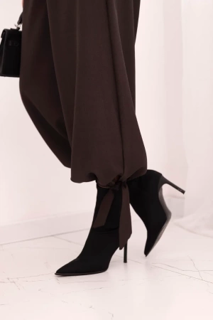 Spodnie damskie z szeroką nogawką i wiązaniem u dołu brązowe