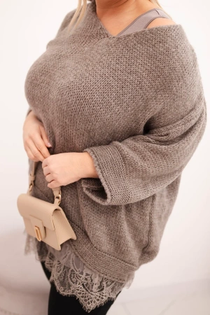 Komplet damski sweter z dekoltem V i bluzka wiskozowa z koronkowym dołem fango