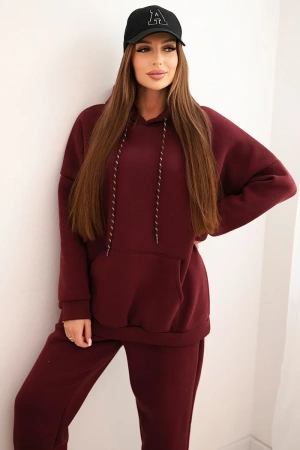 Komplet dresowy damski ocieplany z bawełny i z kapturem bordowy