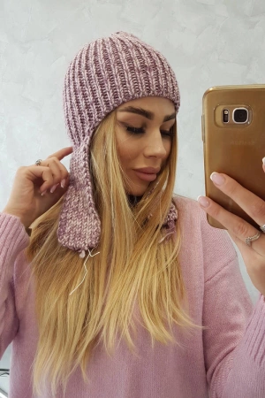 Czapka damska uszatka Jana K314 fioletowy+ecru