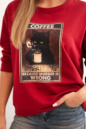 Bluza damska bawełniana z nadrukiem kota i napisem czerwona