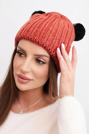 Czapka damska zimowa wełniana z pomponem K433 ruda
