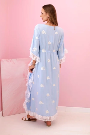 Narzutka damska z wiskozy boho z koronką niebieska