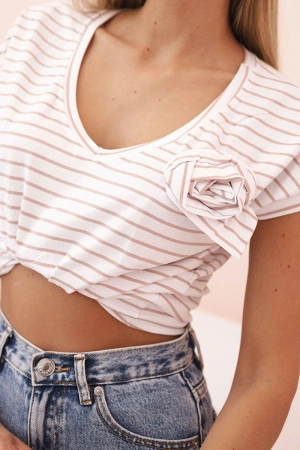 Bluzka damska bawełniana w paski z dekoltem V camelowa