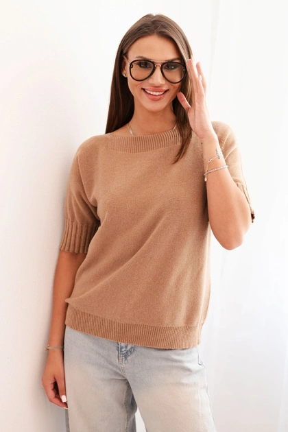 Sweter damski z wiskozy z krótkim rękawem camelowy